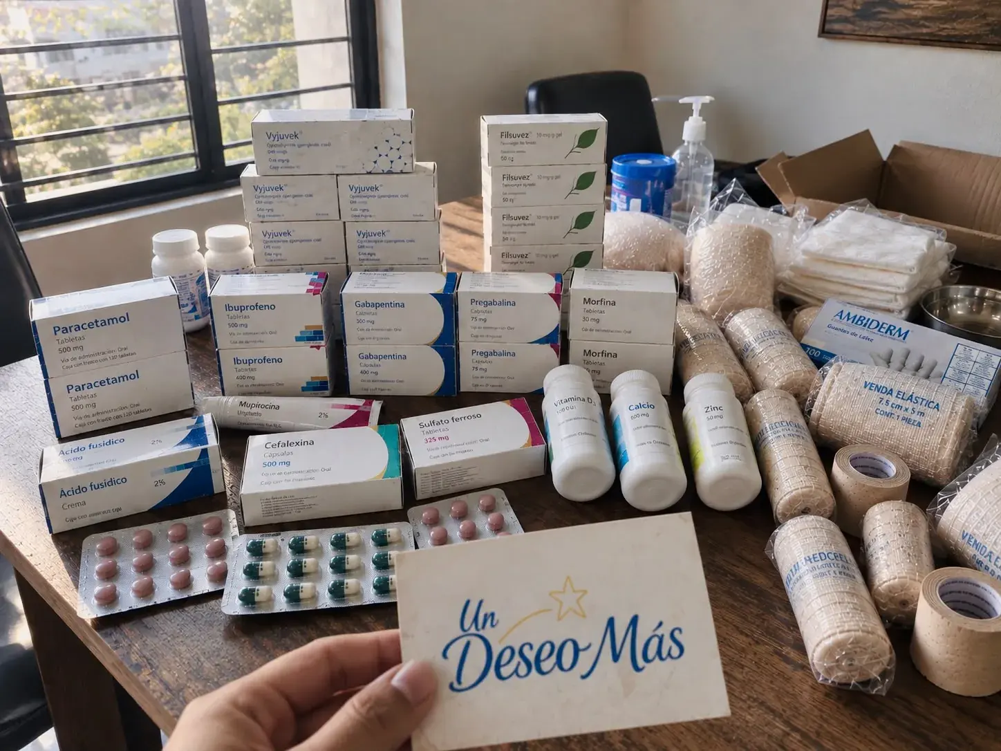 Medicine, bandages, and wound-care supplies that help cover Lily's monthly costs.